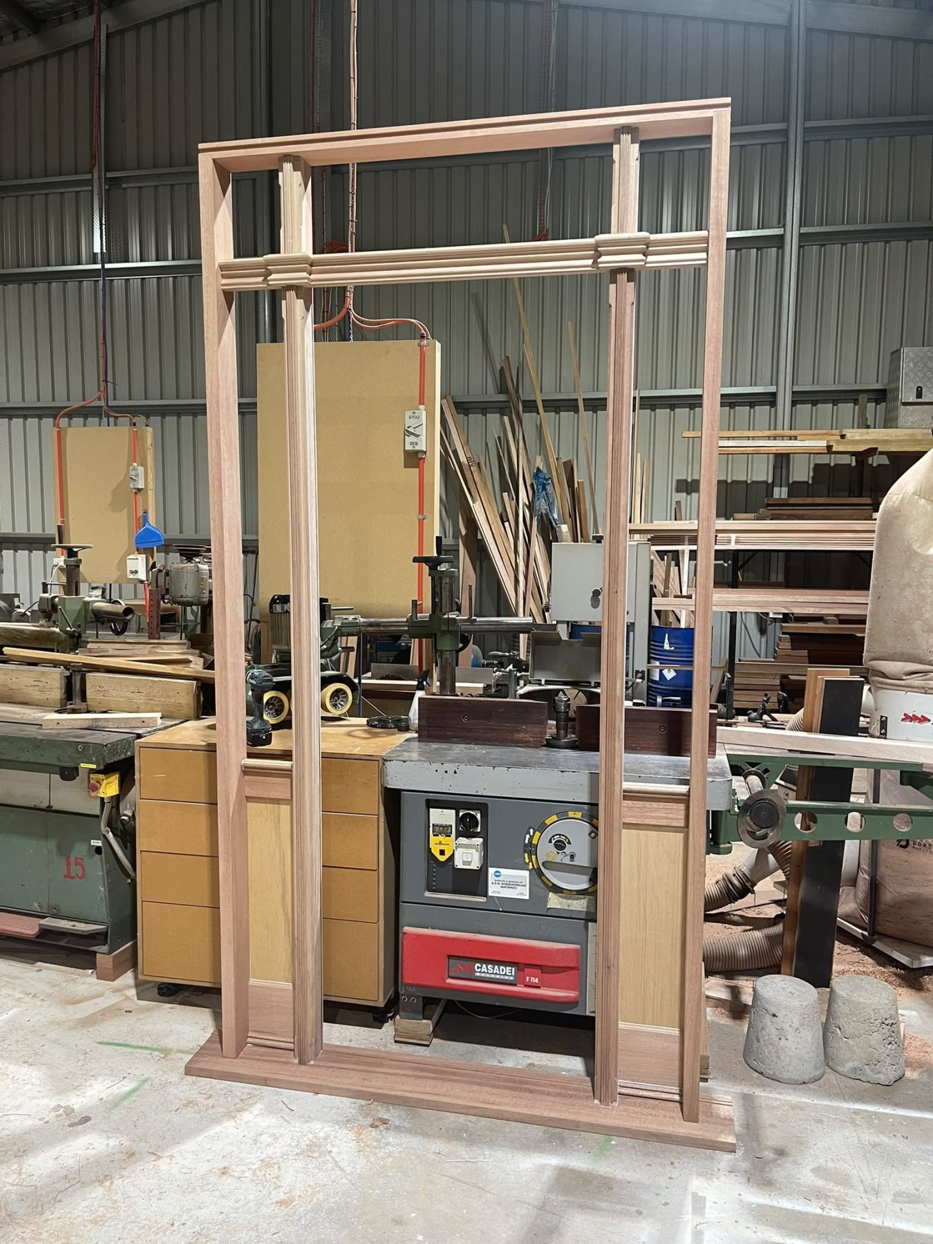 Timber sliding door frame under construction in the workshop